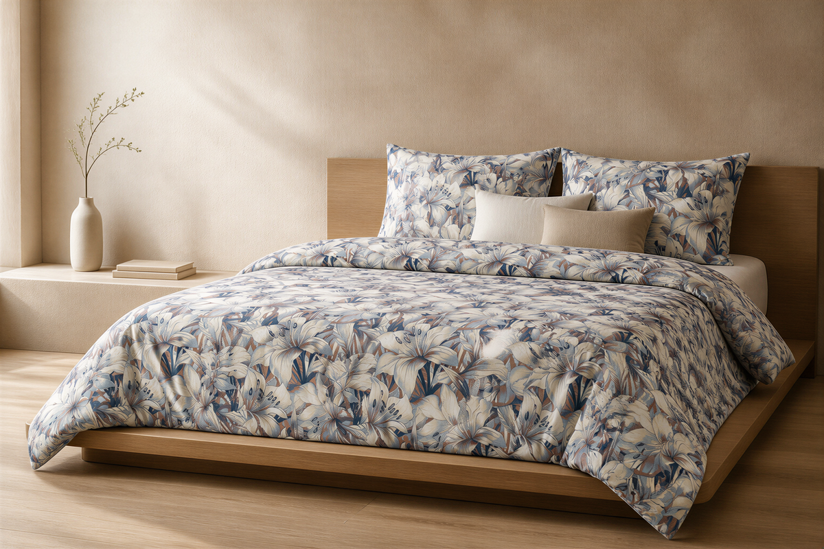 a serene and modern bedroom with a large bed adorned with a floral comforter and pillows. The bed is placed on a wooden platform, and the room features a minimalist design with a white vase and a stack of books on a shelf.
