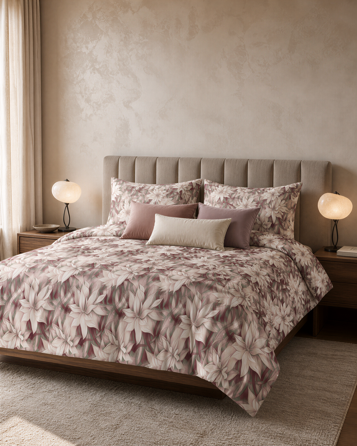 a well-decorated bedroom with a large bed featuring a floral comforter and matching pillows. The bed is positioned against a wall with a neutral-colored headboard. On either side of the bed, there are two lamps providing soft lighting. The overall color scheme of the room is neutral, with the floral comforter and pillows adding a touch of warmth and elegance.