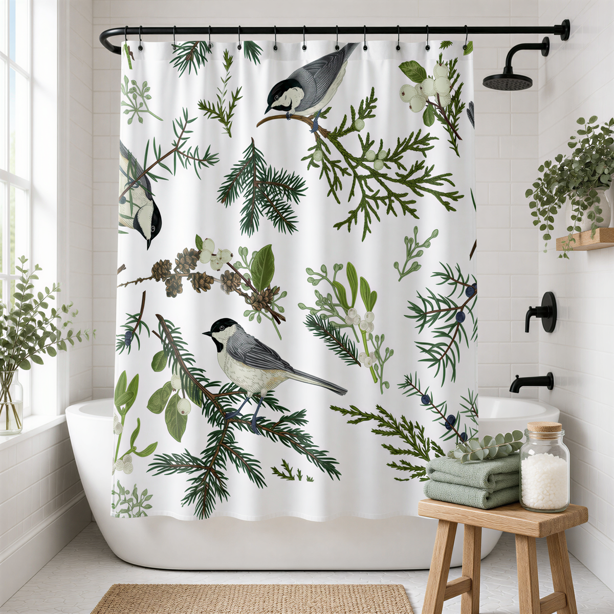 a bathroom with a shower curtain decorated with a pattern of green pine branches and white flowers. The shower curtain is hanging from a rod, and there is a wooden stool in front of the bathtub. The bathroom also has a window and some potted plants, creating a cozy and natural atmosphere.