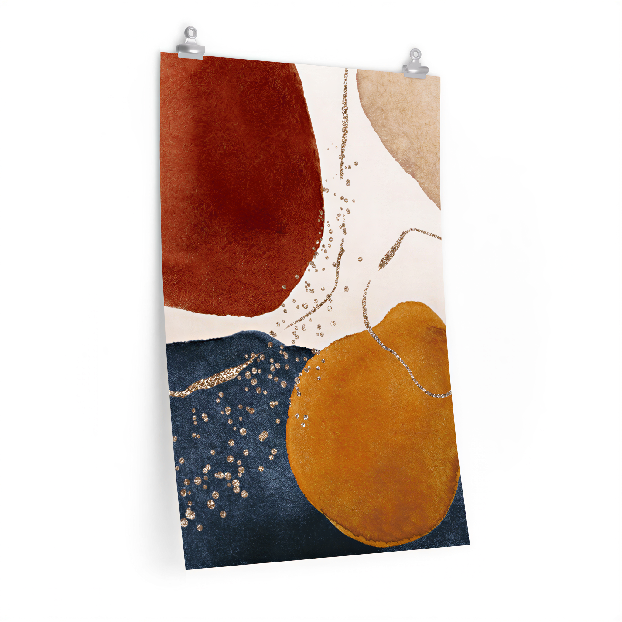 Navy Rust Beige Abstract Art Poster hanging above a sofa