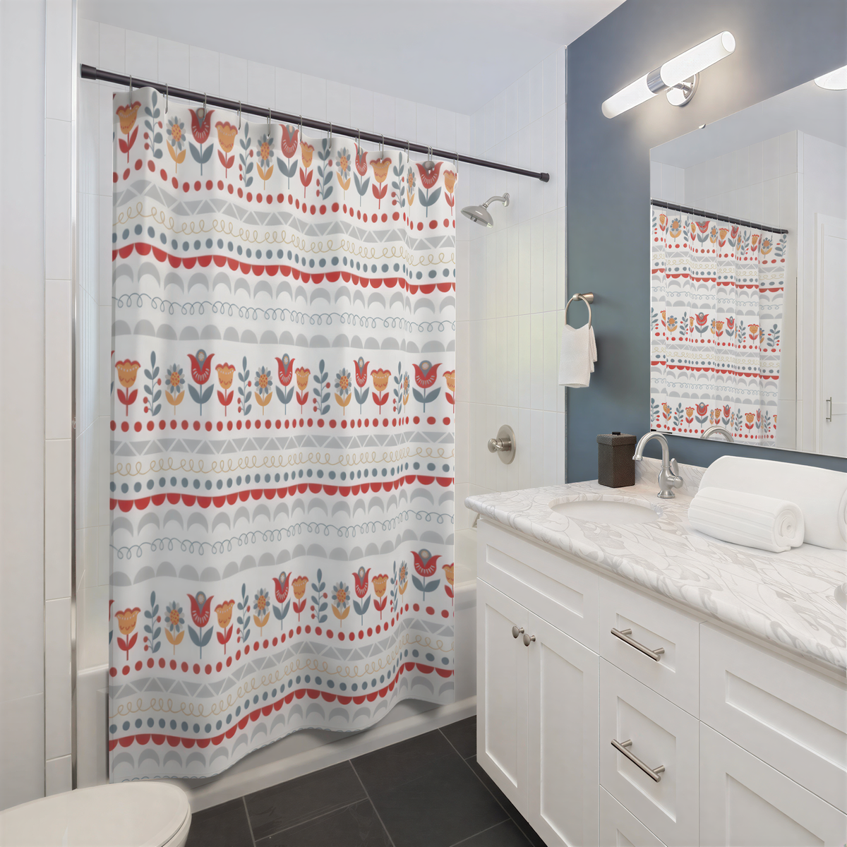 Christmas Shower Curtain Orange Red Nordic Folk Floral Pattern hanging in a bathroom