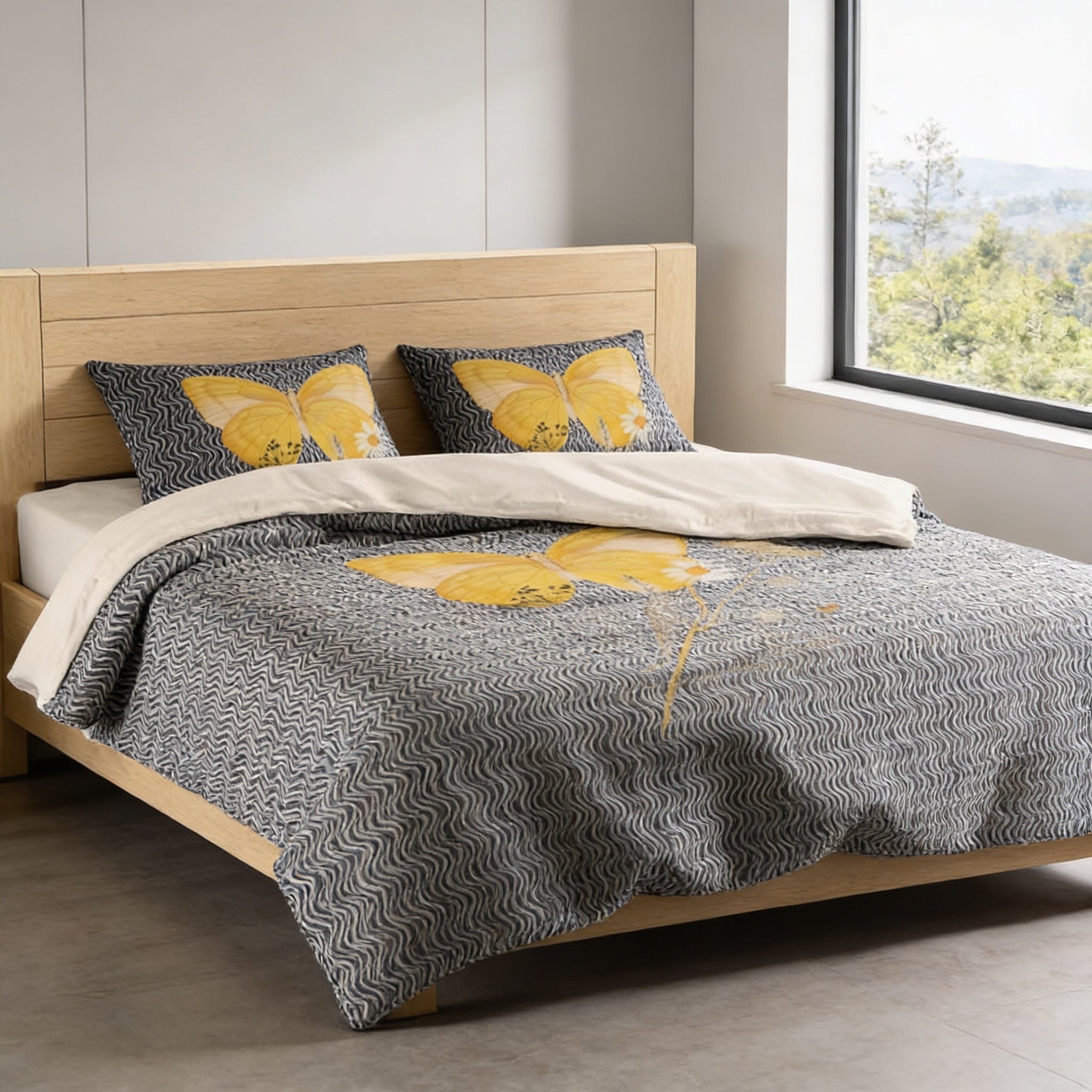 a modern bedroom with a bed featuring a gray and white patterned comforter and matching pillows. The bed is positioned against a wall with a window, providing a view of the outdoors.
