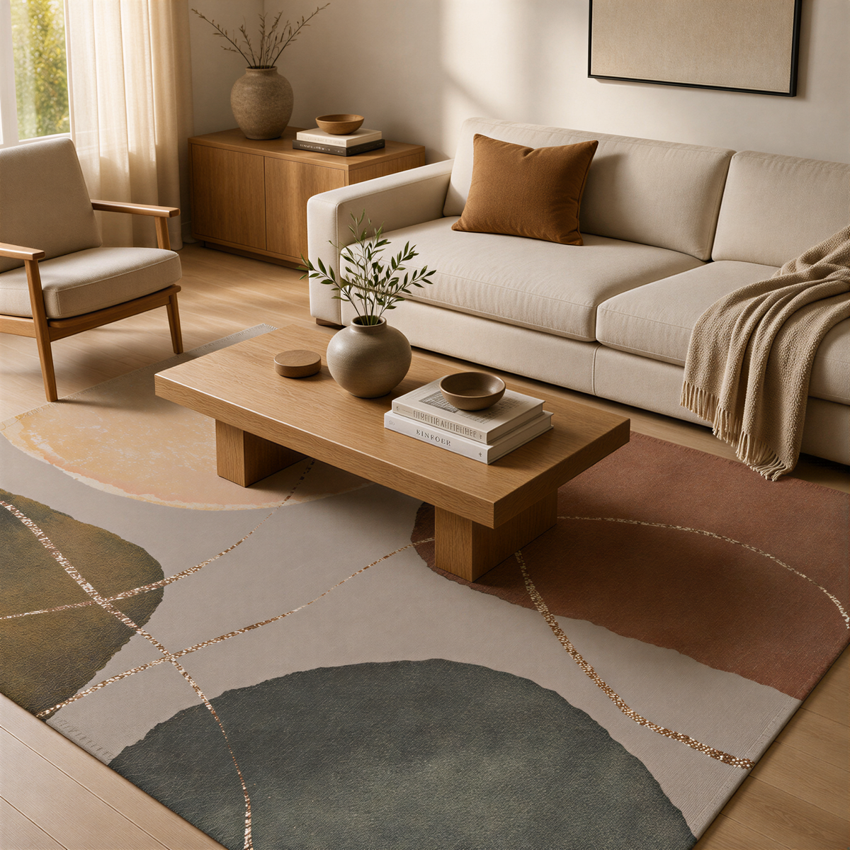 a cozy living room with a beige sofa, a wooden coffee table, and a colorful abstract rug. The room is decorated with various items, including a vase, books, and a plant, creating a warm and inviting atmosphere.