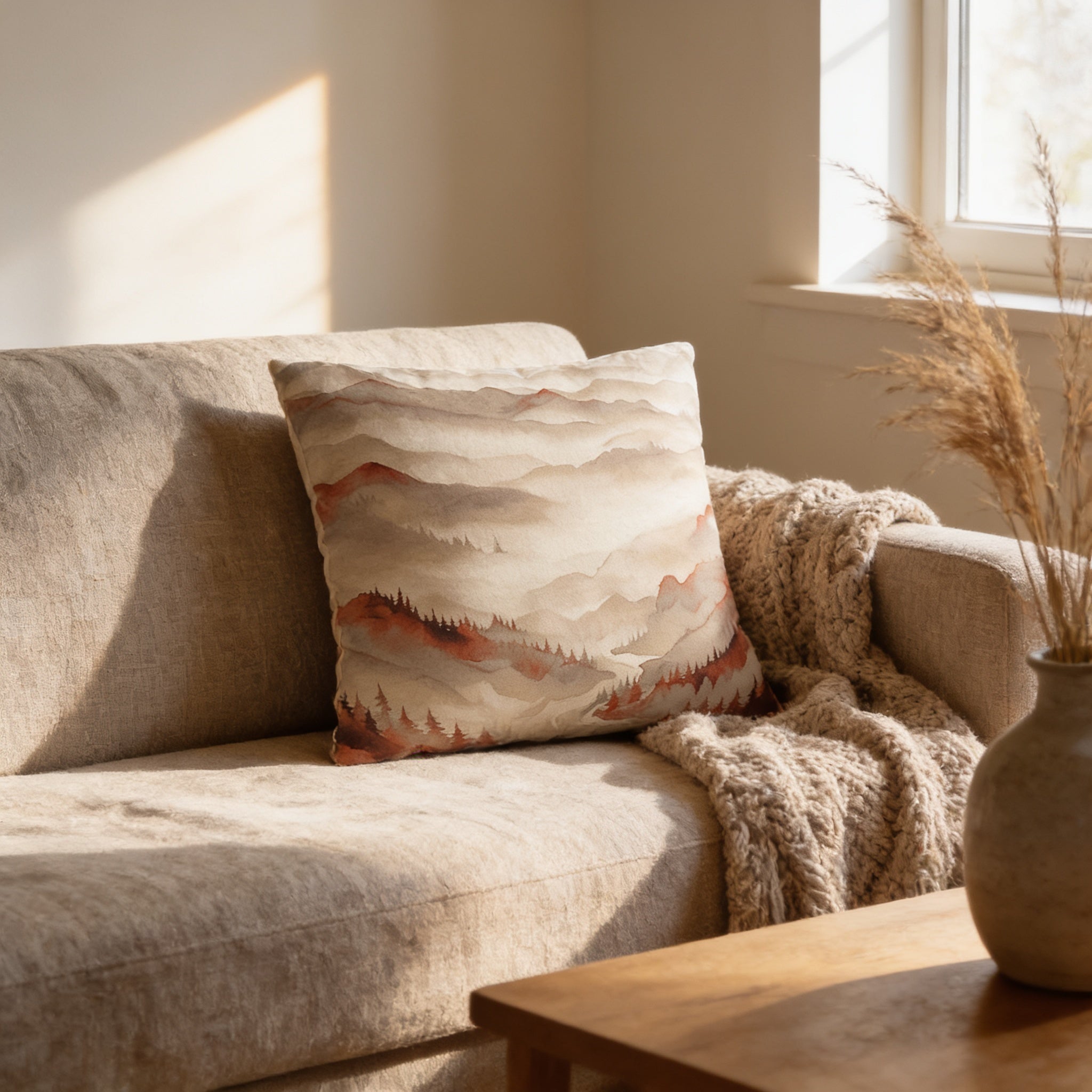 a cozy living room with a beige sofa, a decorative pillow with a mountain landscape, and a wooden coffee table with a vase of dried flowers.