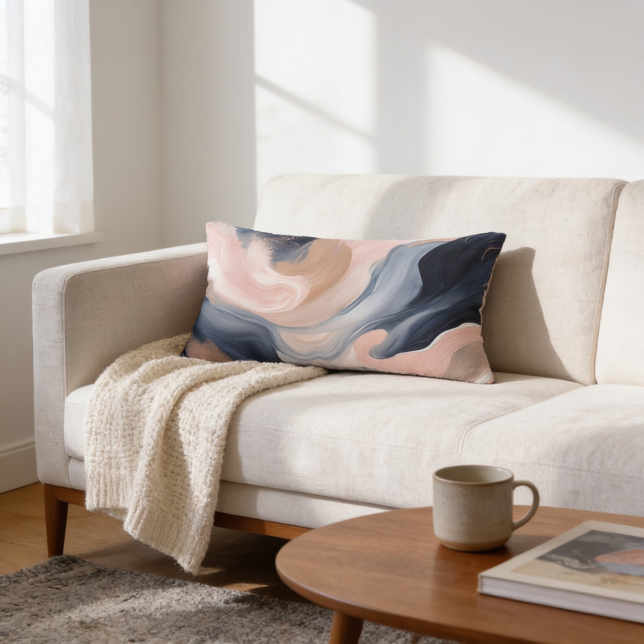 a cozy living room with a white sofa, a wooden coffee table, and a colorful abstract pillow on the sofa.
