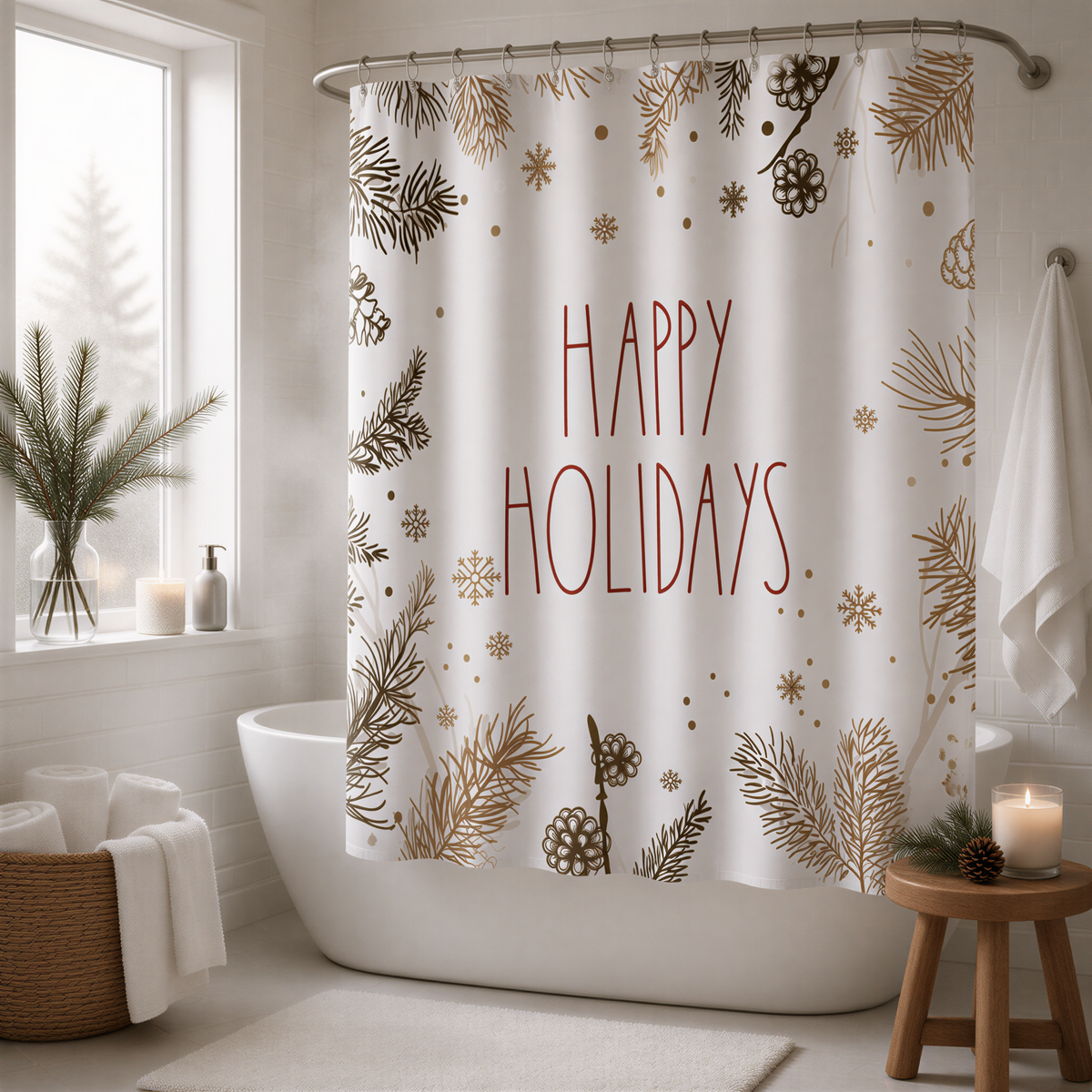 A bathroom with a shower curtain featuring a festive holiday design, including pine branches, snowflakes, and the text "HAPPY HOLIDAYS".