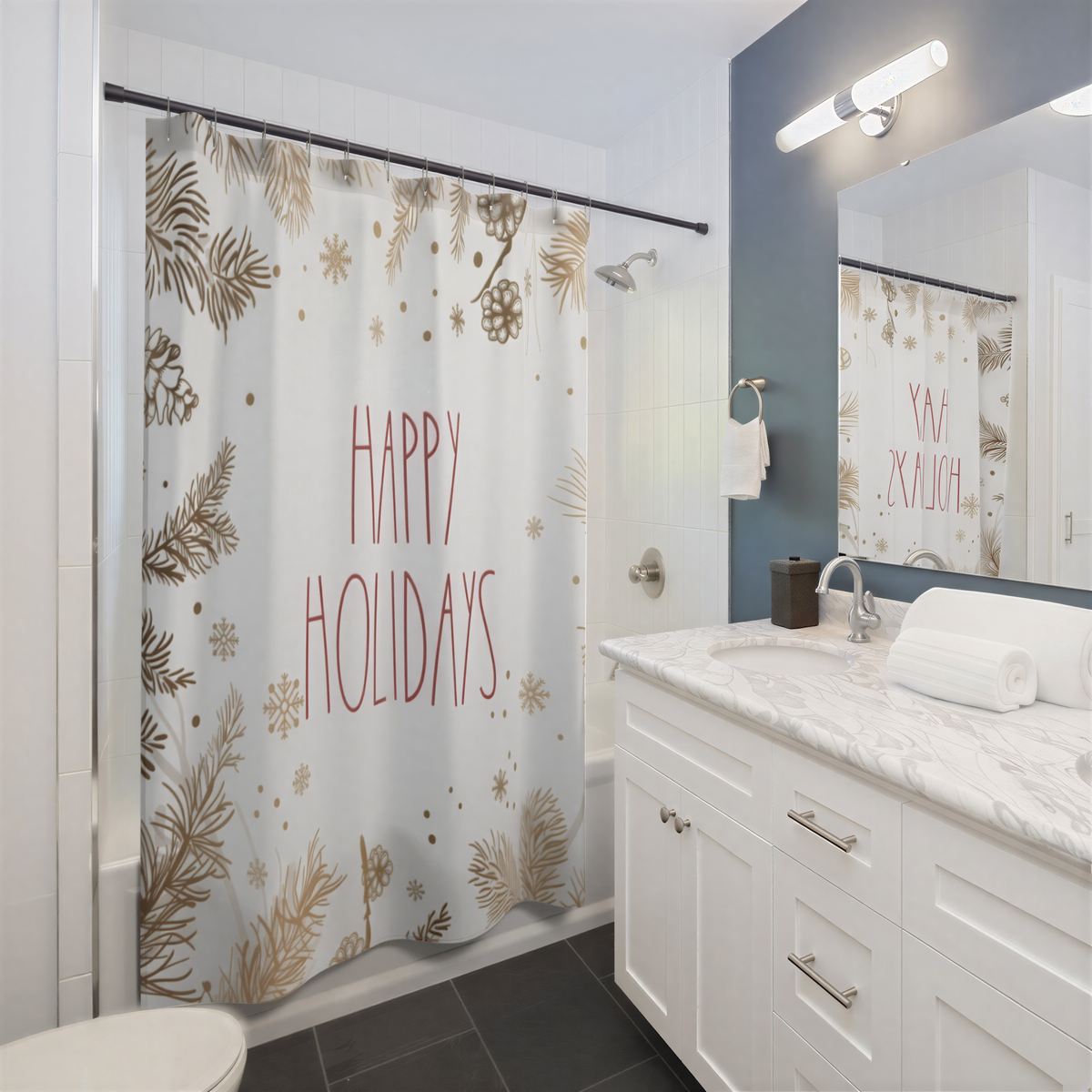 Christmas Shower Curtain Happy Holidays Beige Festive Leaves hanging in a bathroom