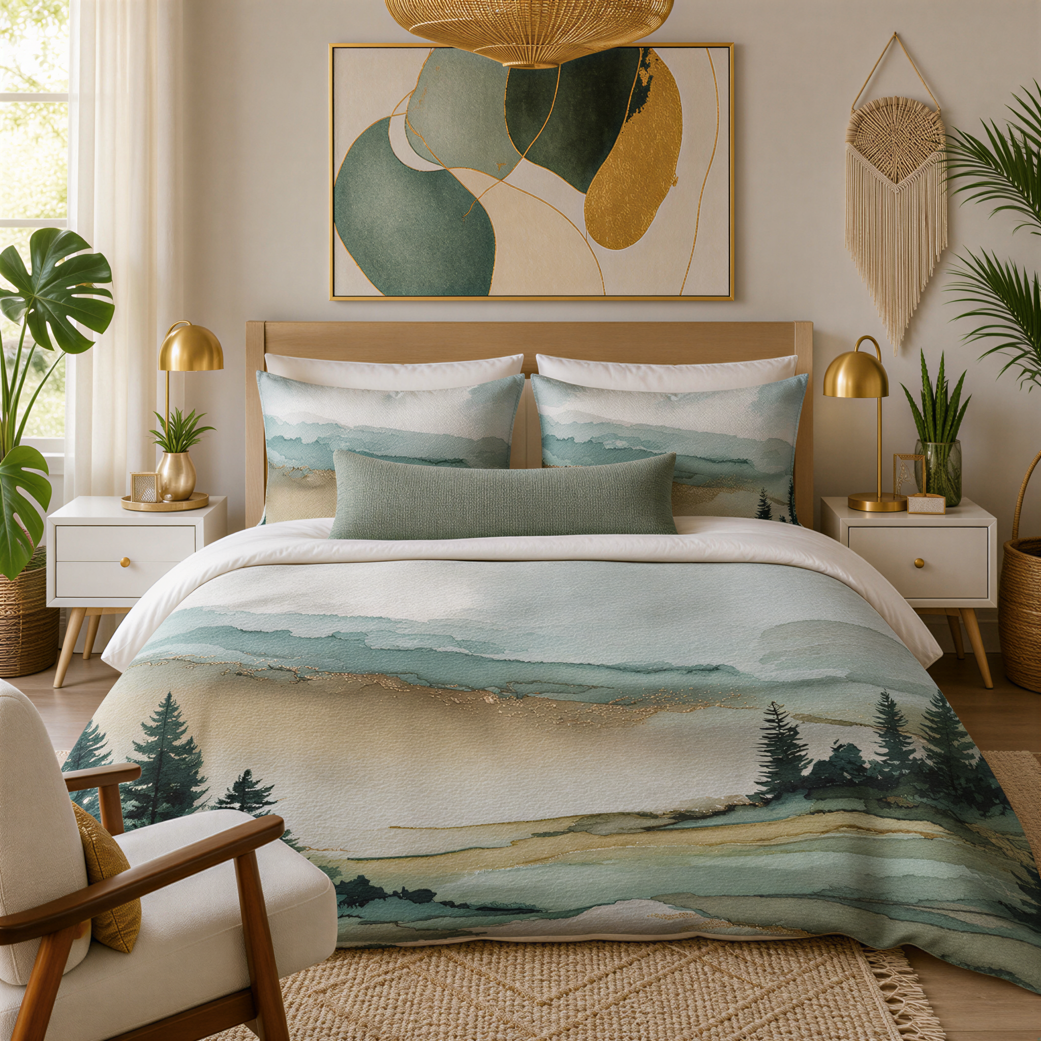 a well-decorated bedroom with a large bed, a painting on the wall, and various decorative elements such as plants and lamps.