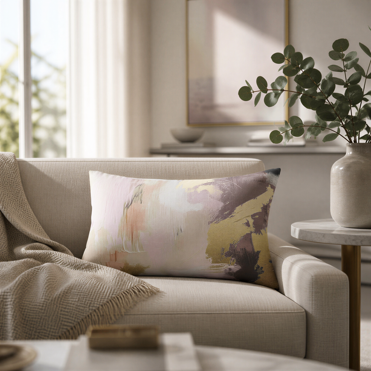 a living room with a beige sofa, a decorative pillow with a colorful abstract design, and a potted plant on a side table.