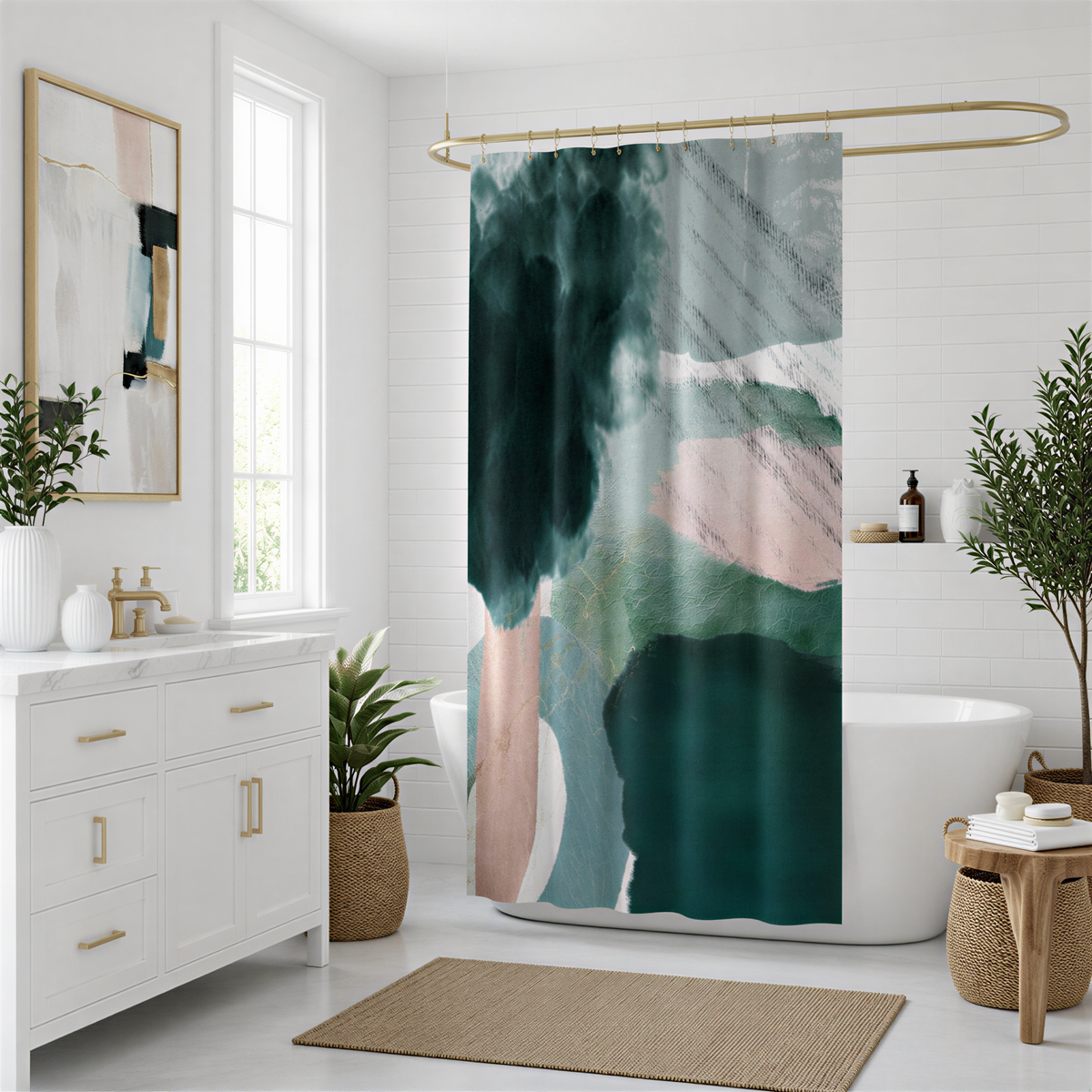 a modern bathroom with a white bathtub, a large abstract green and pink shower curtain, a white vanity with a plant, and a large window.