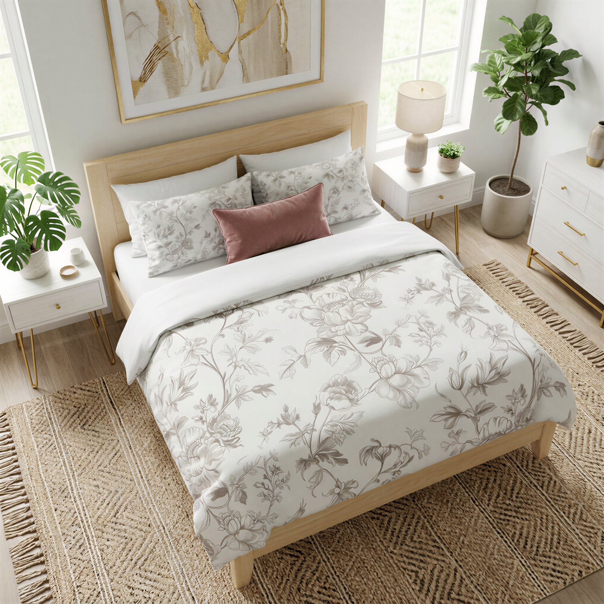a well-decorated bedroom with a large bed, a nightstand, and a potted plant. The bed has a floral print comforter and pillows, and the room has a neutral color scheme with a wooden headboard and a rug on the floor.