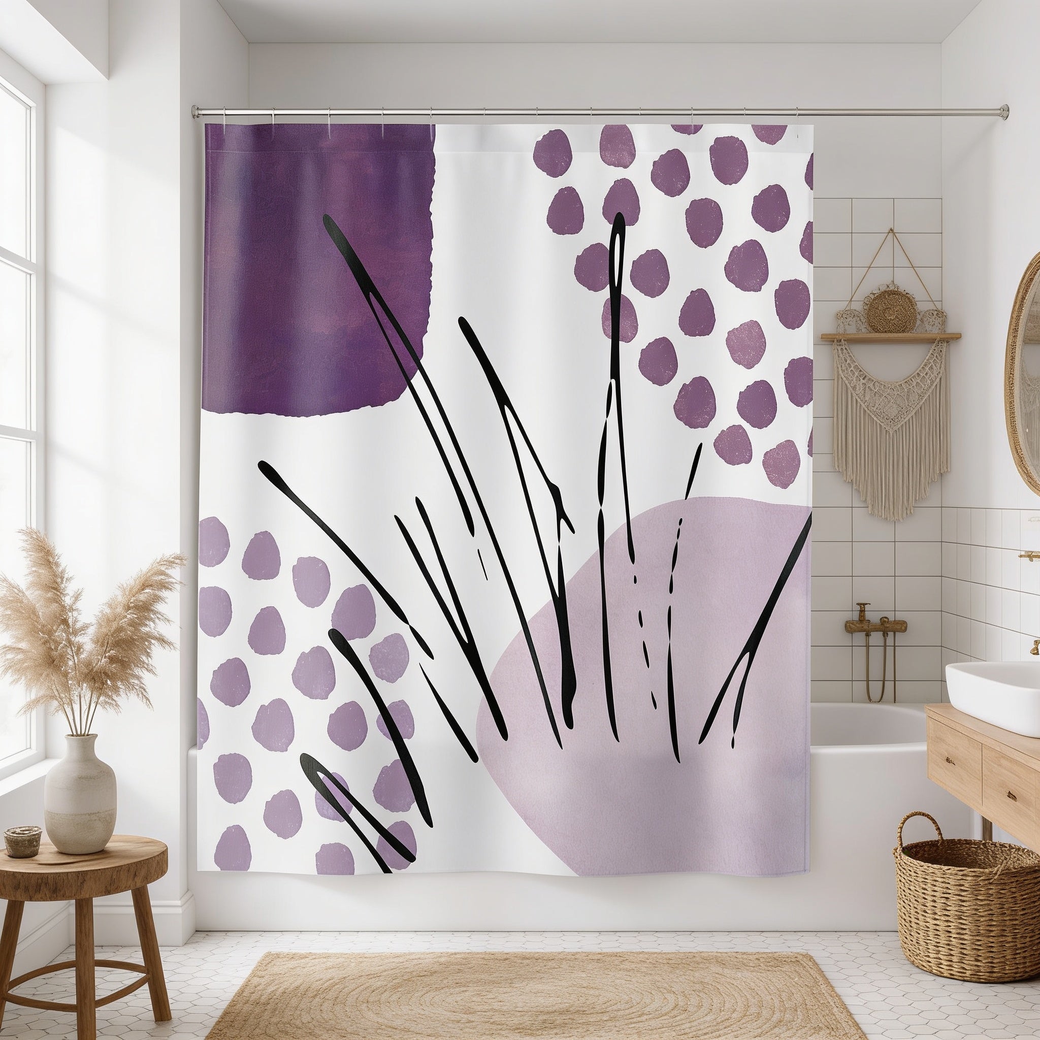 a bathroom with a large abstract shower curtain in shades of purple and white. The curtain has black lines and dots, creating a striking contrast against the white background. The bathroom also includes a wooden stool, a woven basket, and a wooden shelf with a mirror.