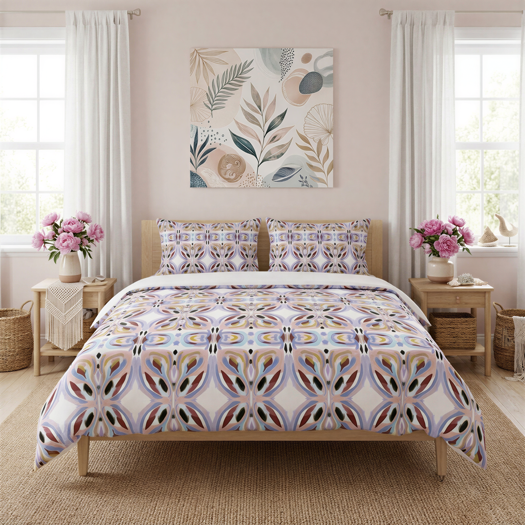 a bedroom with a large bed, a floral print comforter, and a painting on the wall. The room has white curtains, a rug, and a window with white blinds. There are two vases of flowers on either side of the bed, and a woven basket on the floor.