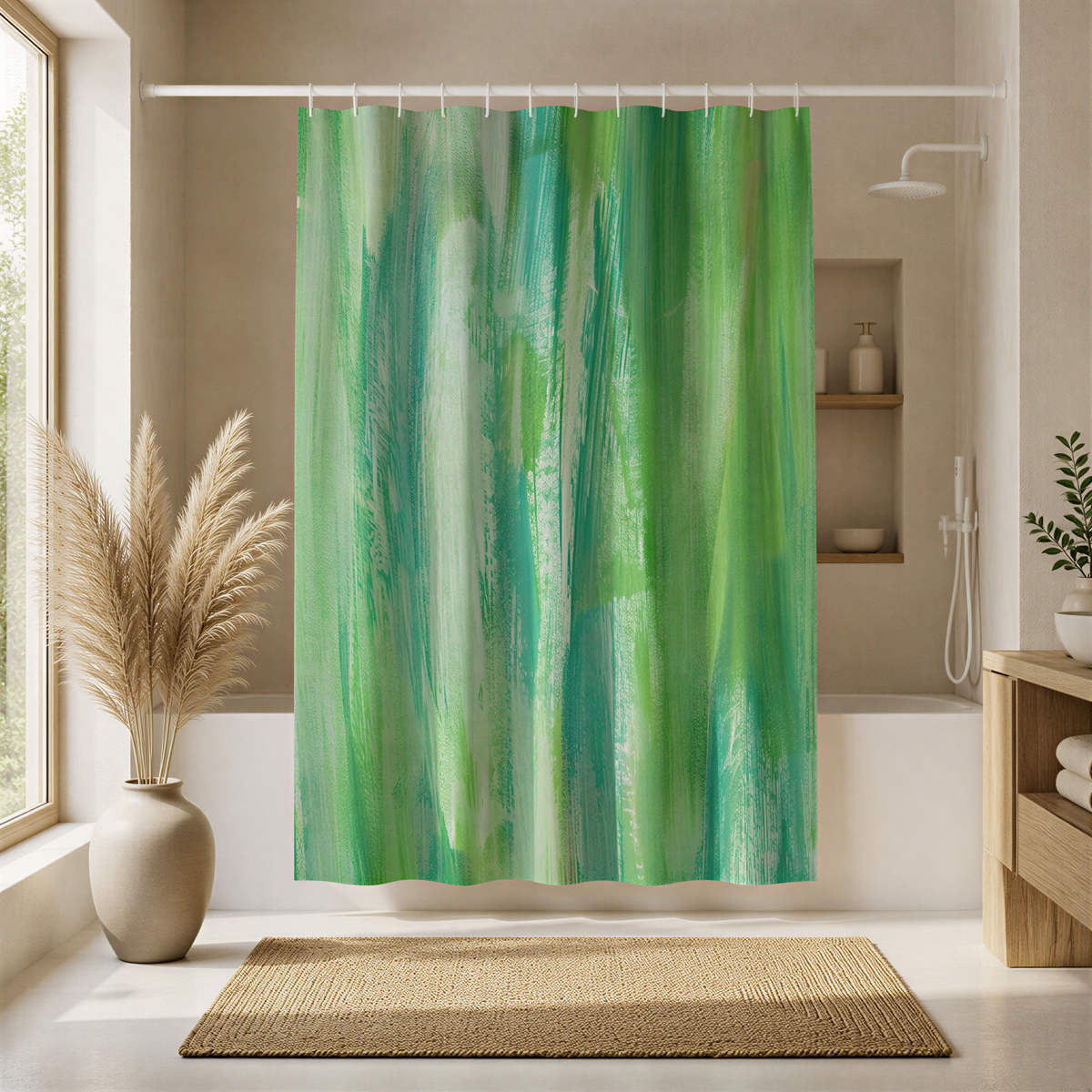 a bathroom with a large green shower curtain hanging from a rod. The curtain has a vibrant, abstract design with vertical lines and stripes in shades of green and white. The bathroom is well-decorated with a potted plant, a vase, and a rug, creating a cozy and inviting atmosphere.