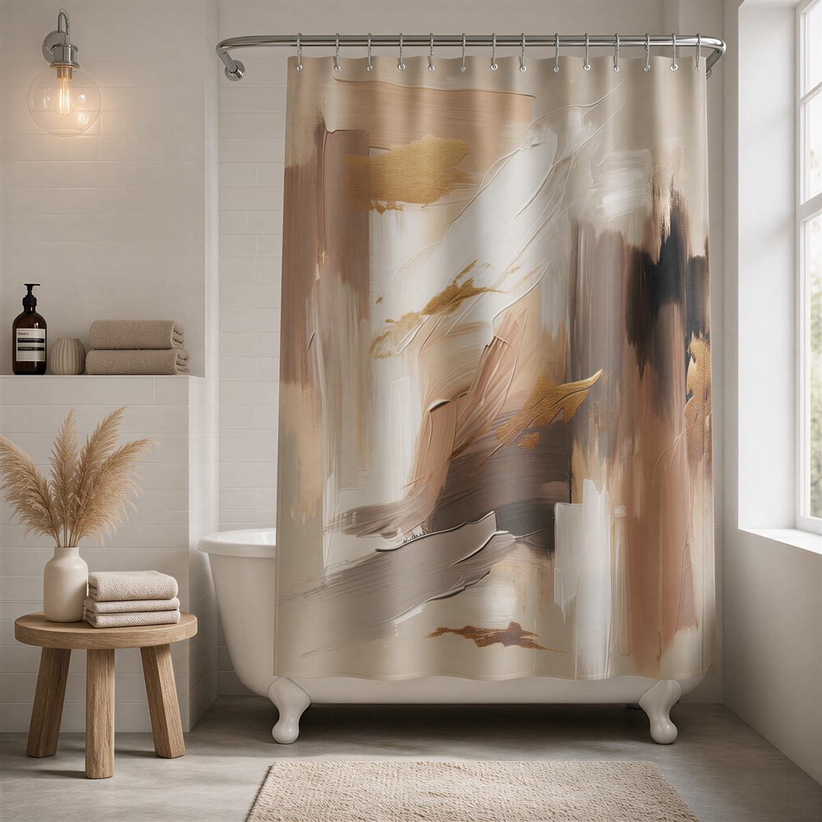 a bathroom with a white bathtub, a shower curtain with an abstract painting, and a wooden stool.