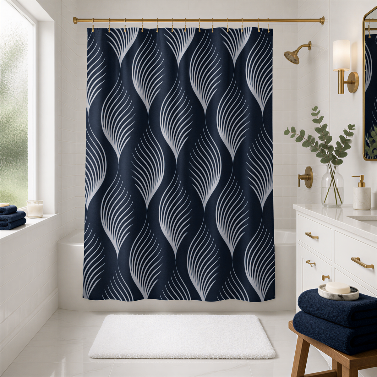 a modern bathroom with a black and white abstract patterned shower curtain, a white rug, a white sink, and a wooden stool.