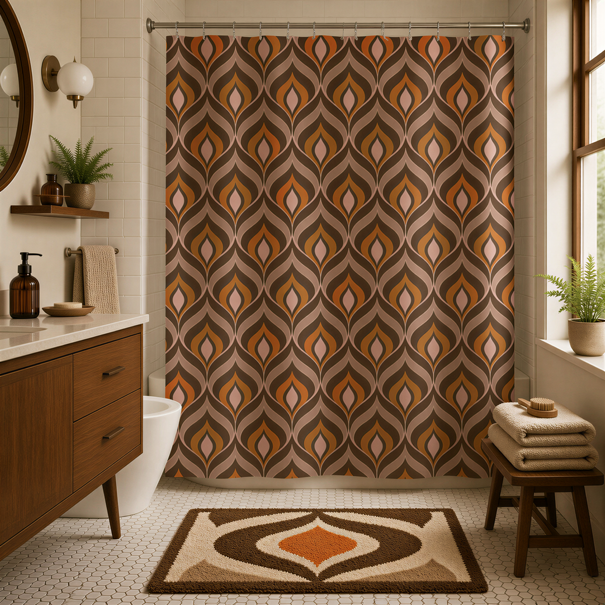 a bathroom with a shower curtain featuring a repeating pattern of orange and brown geometric shapes. The bathroom is well-decorated with a wooden vanity, a rug, and various potted plants.