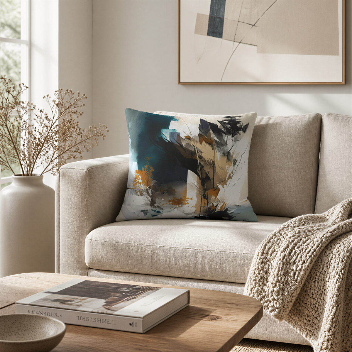a cozy living room with a beige sofa, a wooden coffee table, and a framed abstract painting on the wall. The room has a minimalist and modern design, with a white vase of dried flowers and a book on the coffee table.