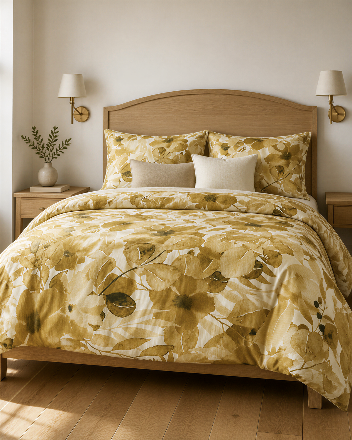 a cozy bedroom with a large bed adorned with a yellow and white floral comforter and matching pillows. The bed is framed by a wooden headboard, and there are two lamps on either side of the bed. A small plant is also present on the nightstand next to the bed.