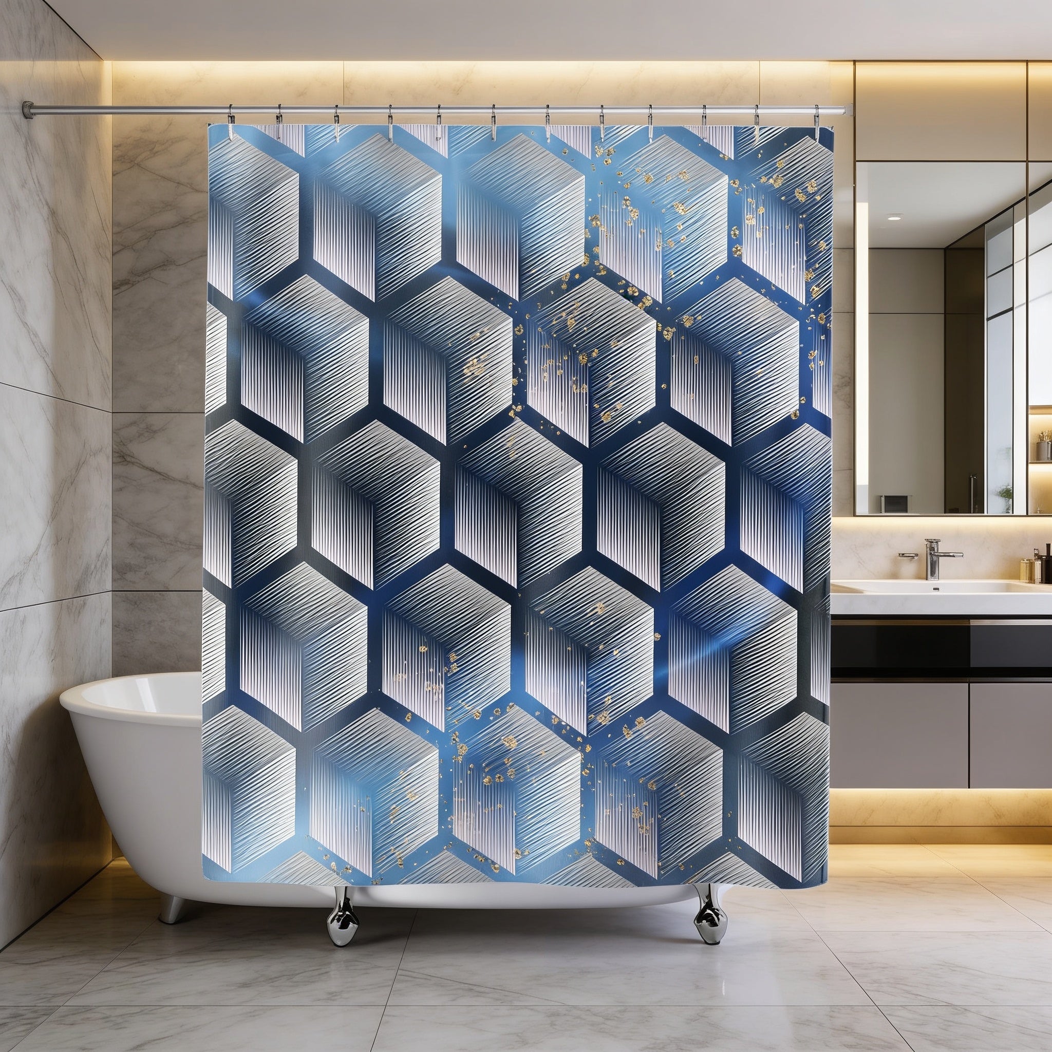 a modern bathroom with a white bathtub and a large geometric patterned shower curtain.