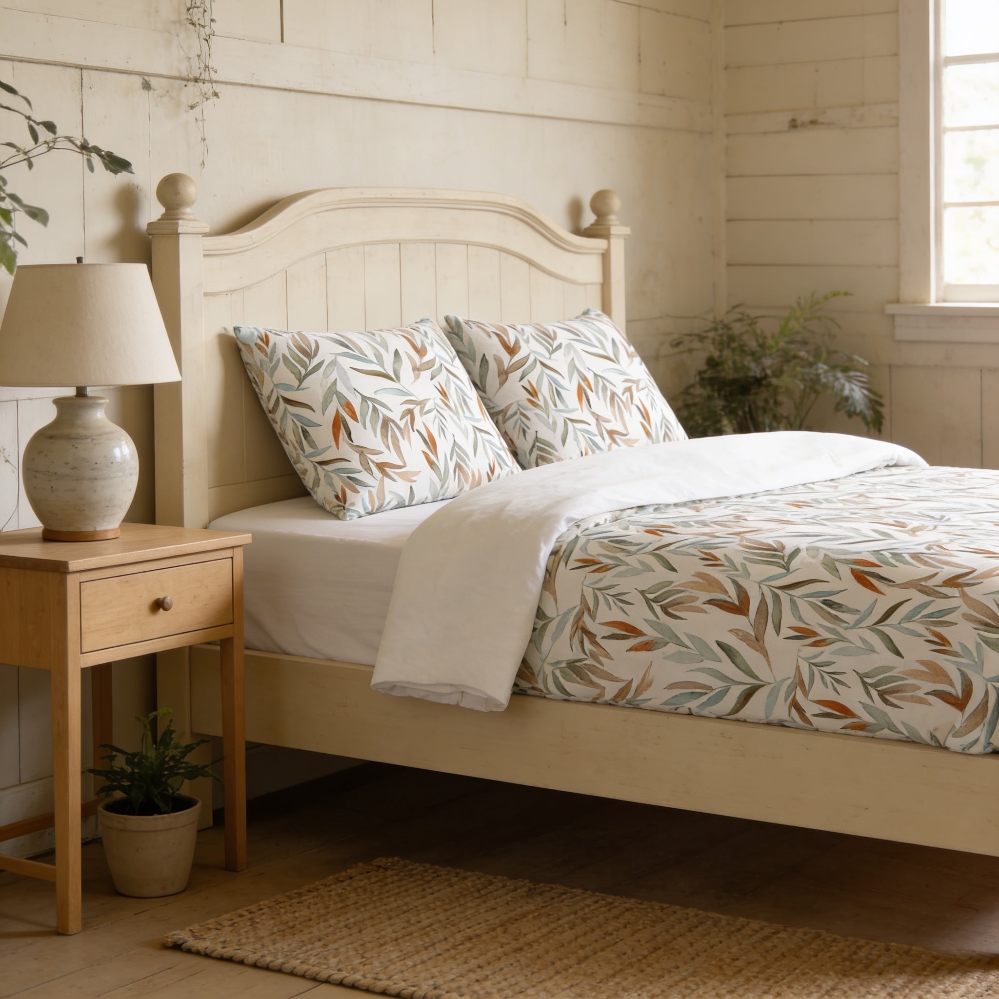a cozy bedroom with a bed, a nightstand, and a lamp. The bed is covered in a white and green leaf-patterned comforter, and the nightstand has a lamp on it. There is also a plant on the nightstand.