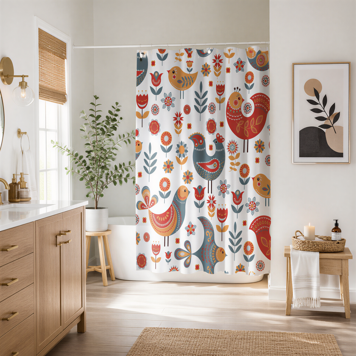 a bathroom with a shower curtain featuring a colorful bird pattern. The bathroom is well-decorated with a potted plant, a wooden vanity, and a framed artwork on the wall.