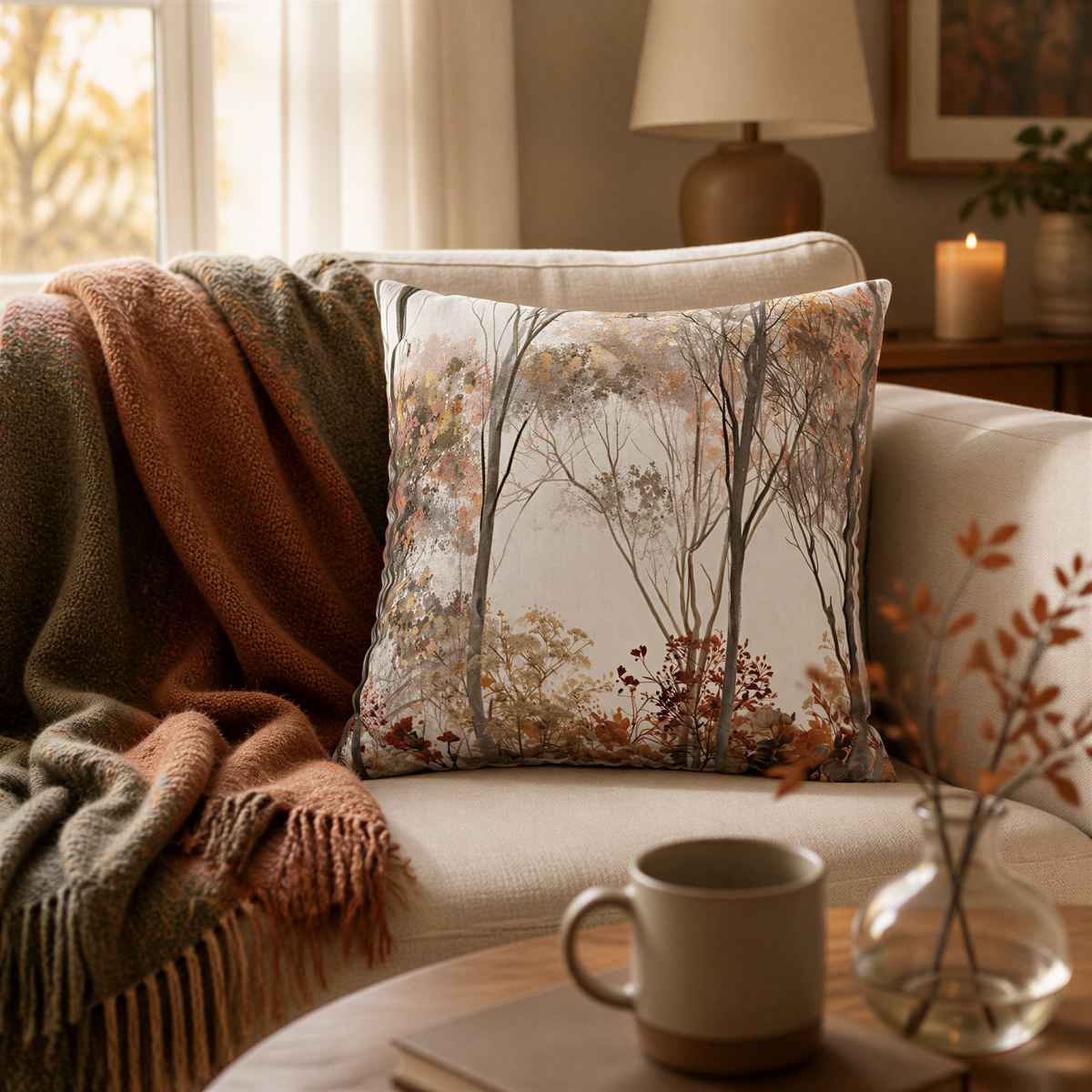 a cozy living room with a beige sofa adorned with a throw blanket and a decorative pillow featuring a forest scene. In the foreground, there is a coffee mug and a vase with flowers, adding a touch of nature to the room. The overall scene conveys a warm and inviting atmosphere.