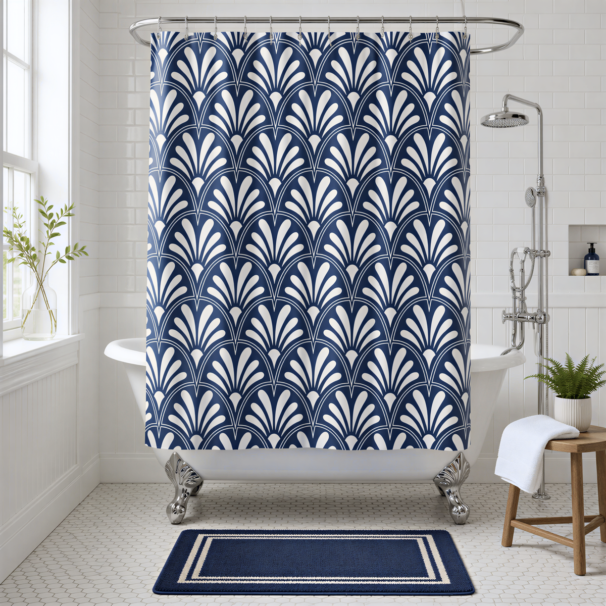 a bathroom with a white bathtub, a blue and white patterned shower curtain, a wooden stool, and a potted plant.