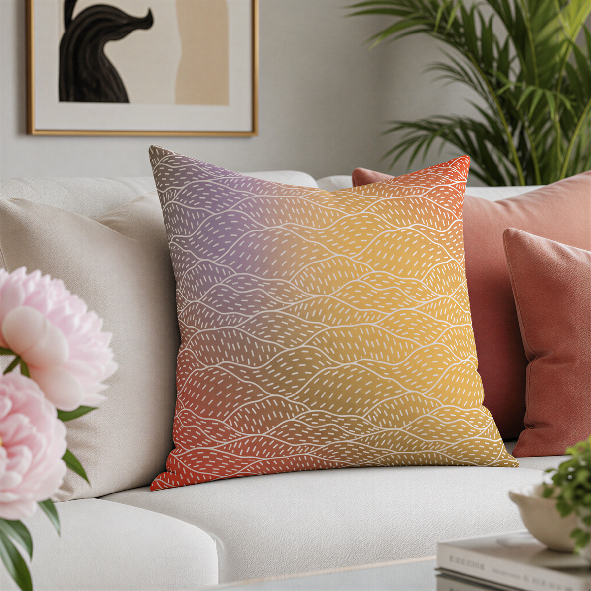 a cozy living room with a white couch adorned with colorful throw pillows. The pillows have a vibrant pattern of orange, yellow, and purple hues, creating a warm and inviting atmosphere. In the background, there is a framed picture and a potted plant, adding to the overall aesthetic of the space.