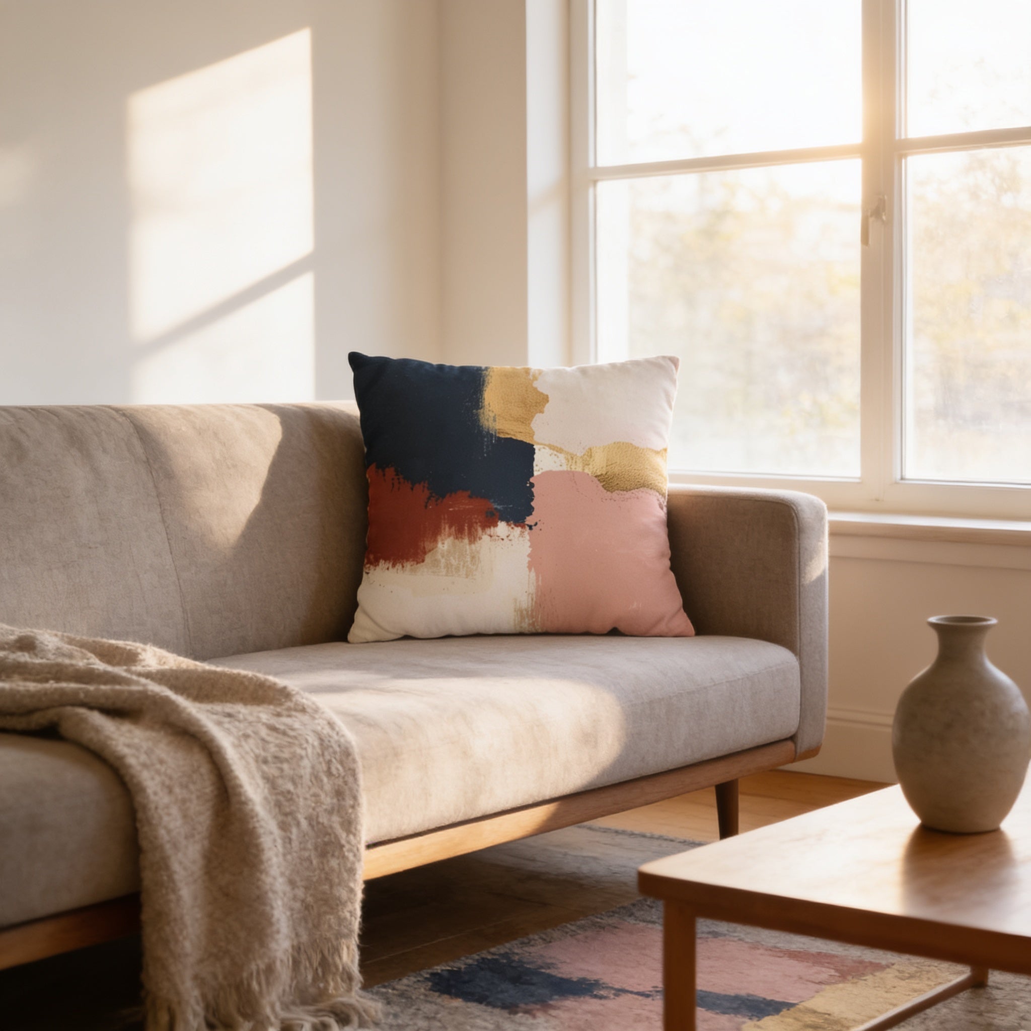 a cozy living room with a beige sofa, a colorful throw pillow, and a wooden coffee table. The sofa is positioned near a window, allowing natural light to fill the space. The room has a warm and inviting atmosphere, with the wooden coffee table and the vase adding to the overall aesthetic.