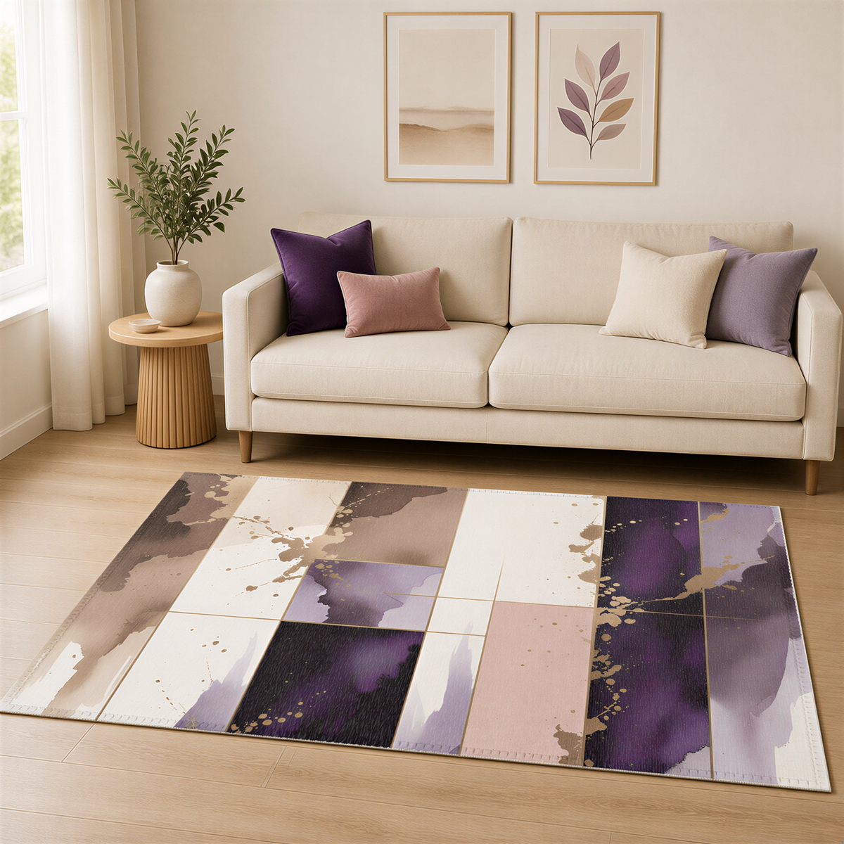 a living room with a beige sofa, a wooden side table, and a large abstract rug with a mix of purple and white colors. The room has a minimalist and modern design, with a potted plant and framed artwork on the wall.
