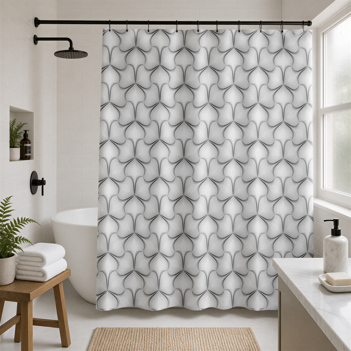 a modern bathroom with a white bathtub, a shower curtain with a repeating black and white geometric pattern, and a wooden stool.