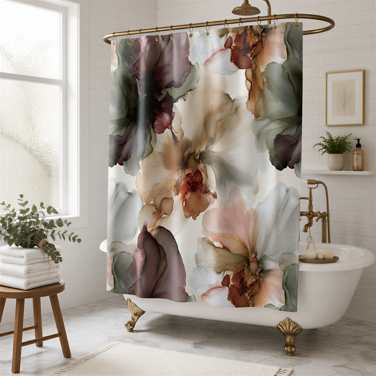 a bathroom with a white clawfoot bathtub, a shower curtain with a floral pattern, and a wooden stool. The bathroom has a white tile floor and a window with white curtains.