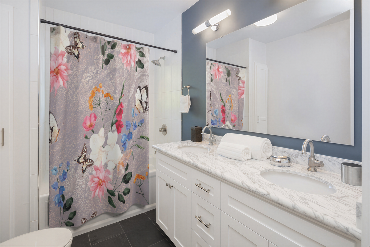 Floral Shower Curtain Lavender Butterflies close-up of fabric pattern