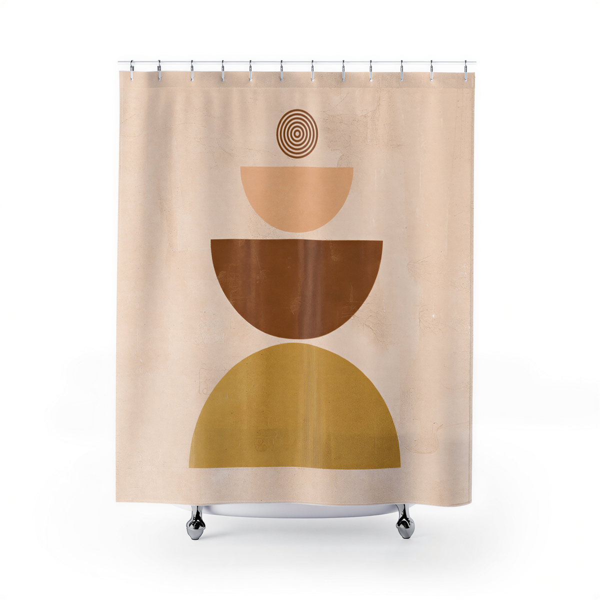 a shower curtain with a geometric design consisting of three overlapping circles in different shades of brown.