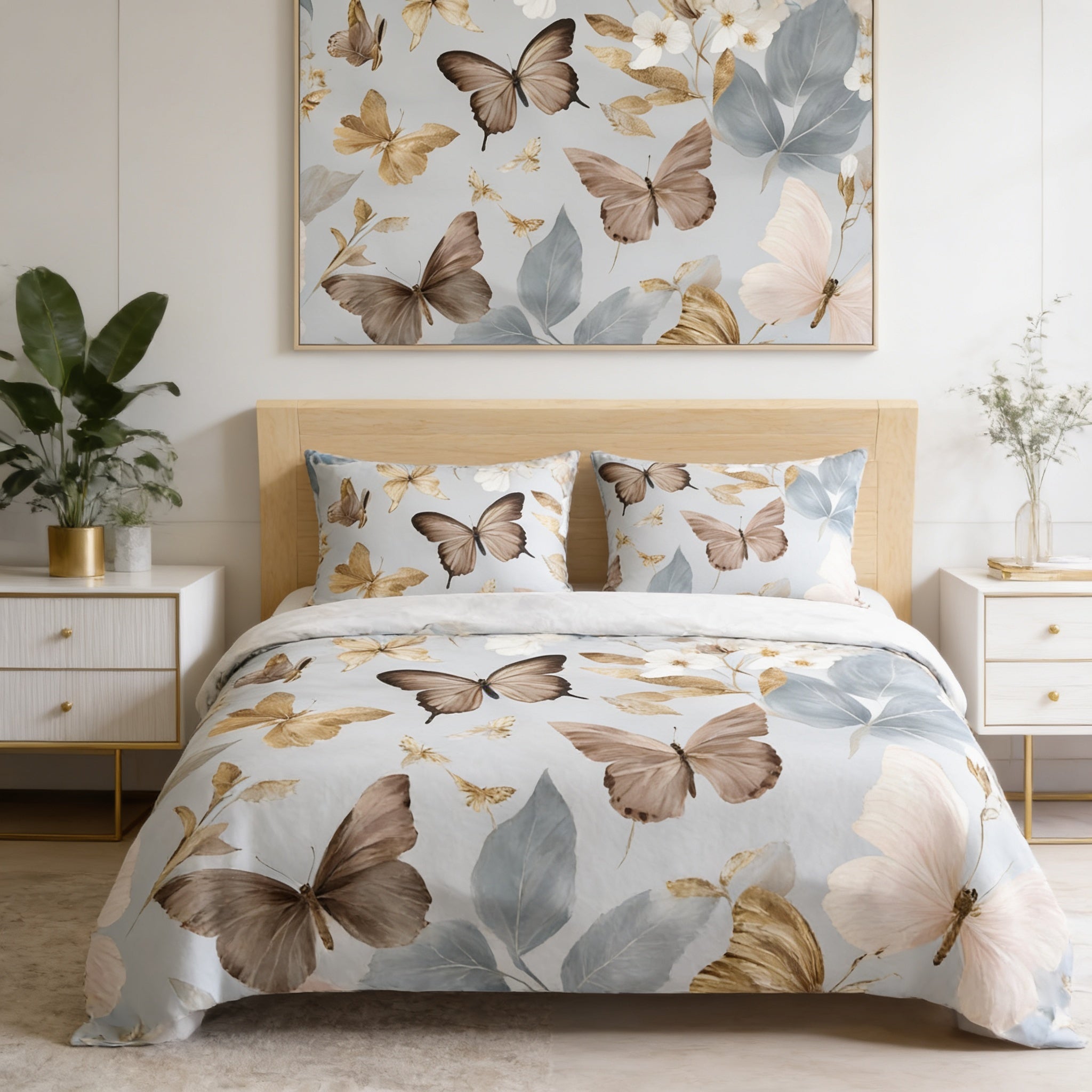 a bedroom with a large bed adorned with a blue and white butterfly-themed comforter and pillows. Above the bed, there is a large painting of butterflies and leaves on the wall. The room also features white furniture, including a dresser and nightstands, and a potted plant on the left side of the room.