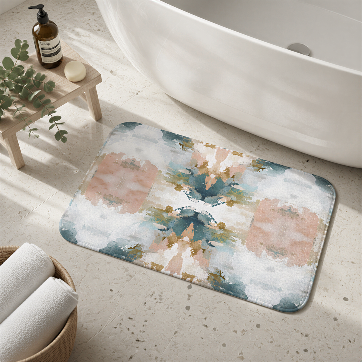 a bathroom with a white bathtub, a colorful patterned bath mat, a wooden stool with a soap dispenser, and a basket of rolled towels.