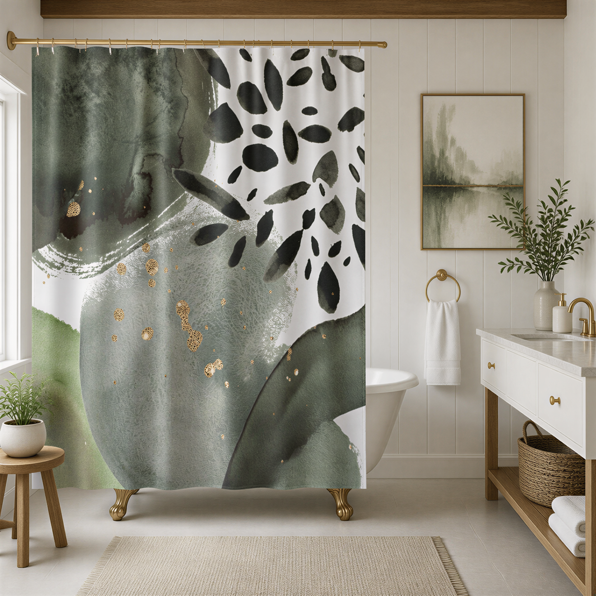 a modern bathroom with a large abstract green and white shower curtain featuring a black and white leaf pattern. The bathroom also includes a white sink, a wooden vanity, and a framed landscape painting on the wall.