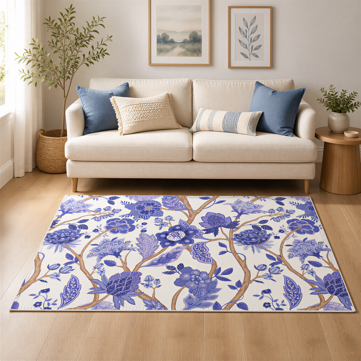 a cozy living room with a white sofa, a blue and white striped throw pillow, and a large blue and white floral rug on the floor. The room is decorated with a potted plant, a picture frame, and a vase, creating a warm and inviting atmosphere.