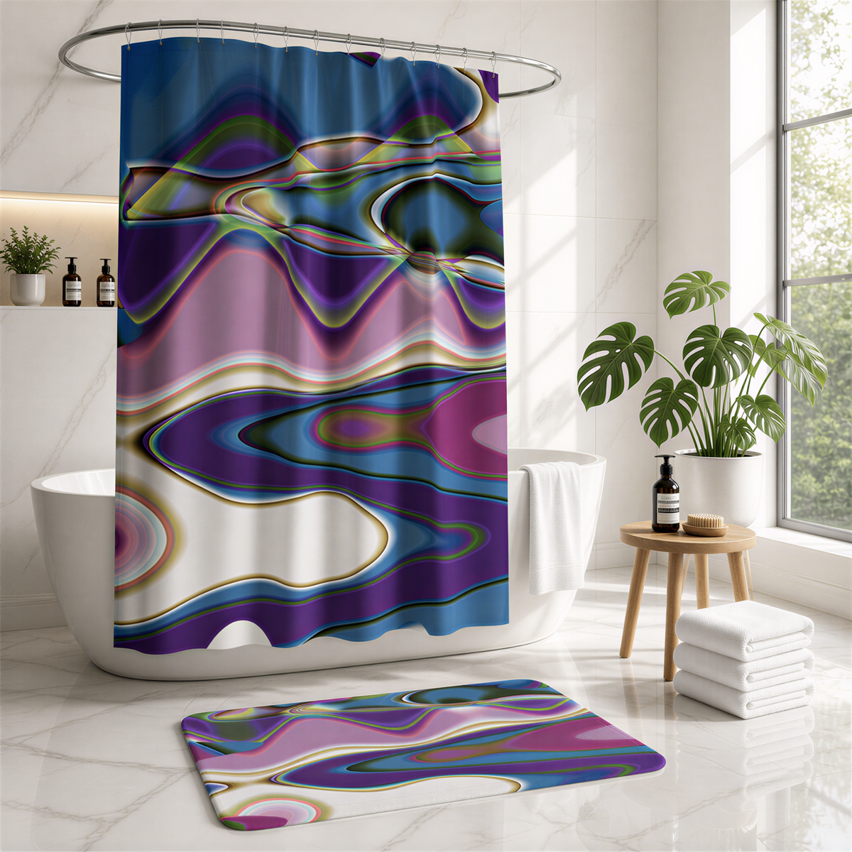 a bathroom with a colorful abstract pattern on the shower curtain, a wooden stool, a potted plant, and a marble floor.