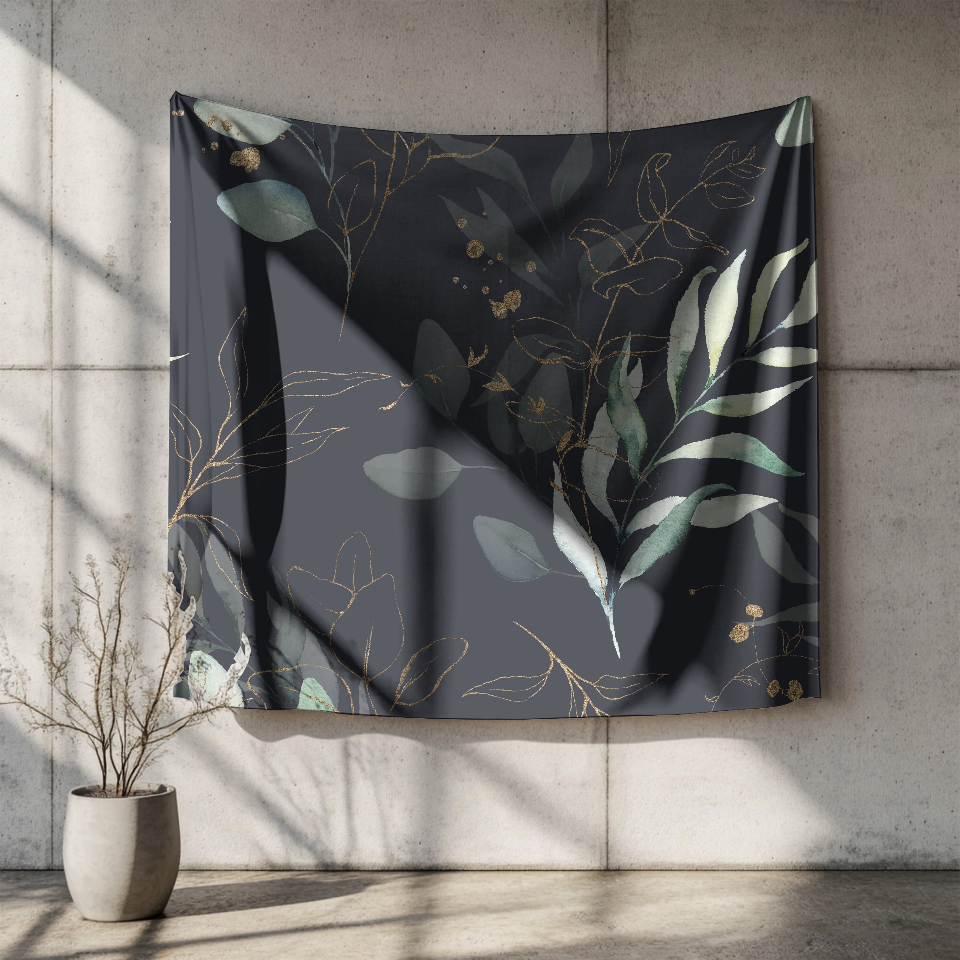 a large tapestry hanging on a concrete wall, depicting a lush green plant with delicate leaves and branches. The tapestry is displayed on a wall, and there is a potted plant positioned next to it.