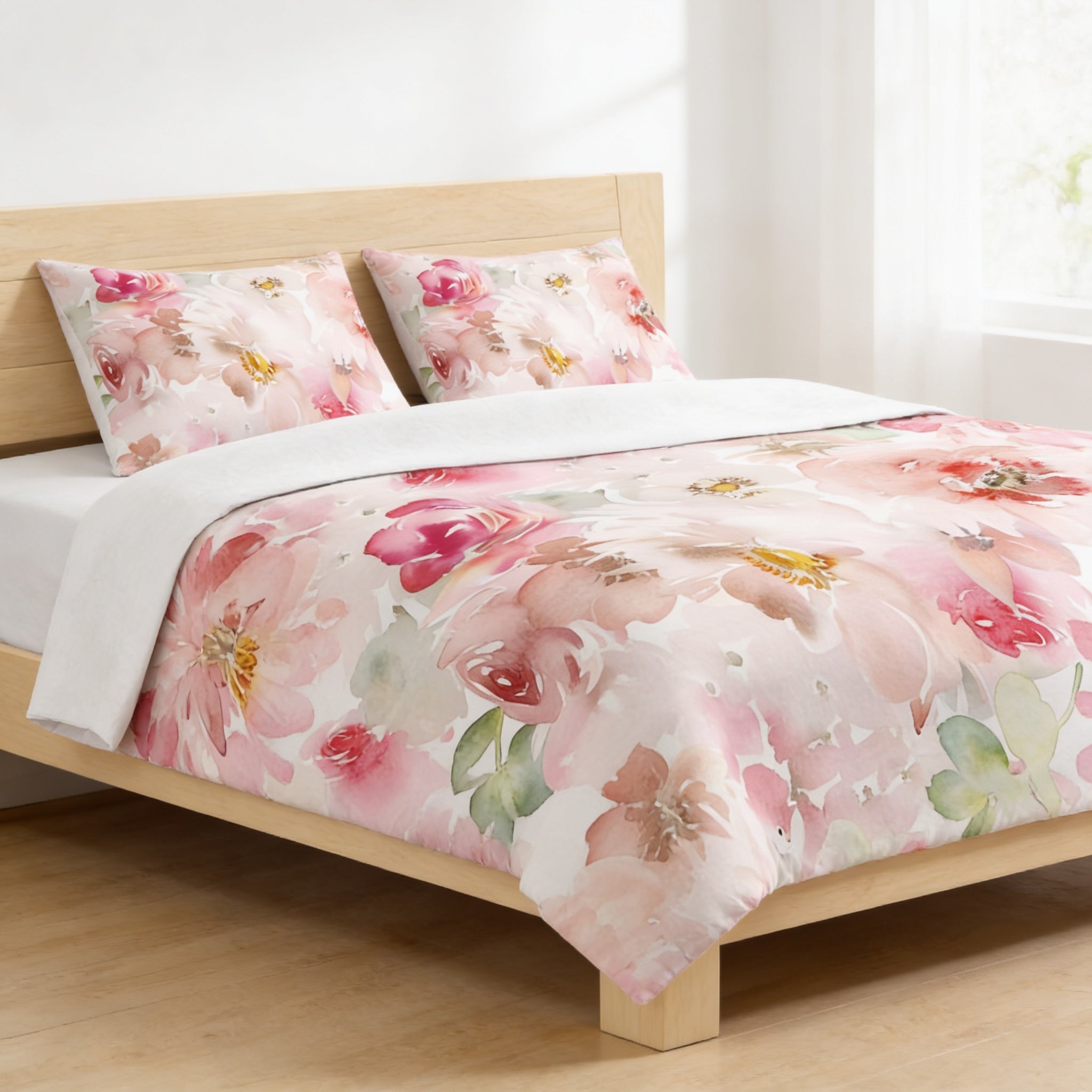 a bed with a floral print comforter and pillows, set against a white wall and wooden headboard.