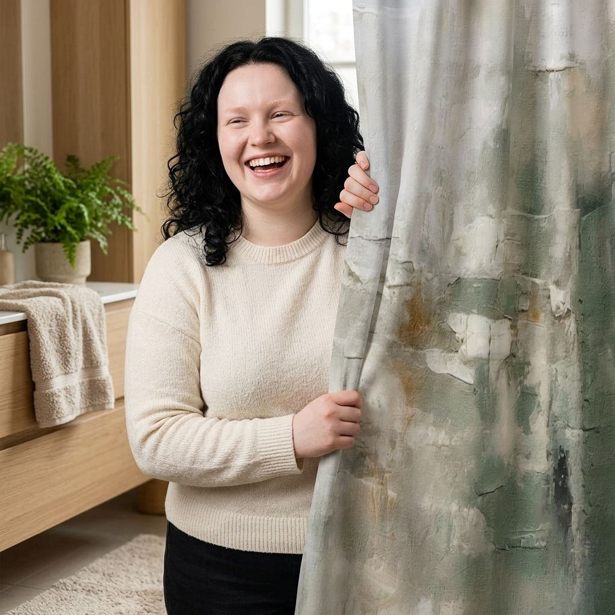A woman with curly hair is smiling and holding a shower curtain in a bathroom.