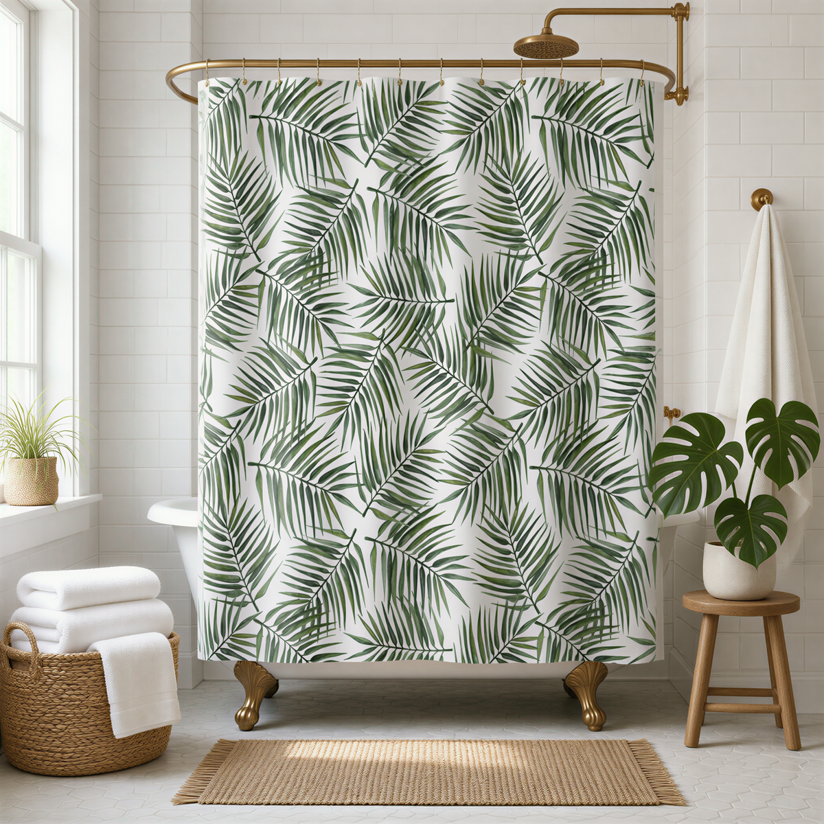a bathroom with a shower curtain adorned with a tropical leaf pattern, a wooden stool, a basket, and a potted plant.