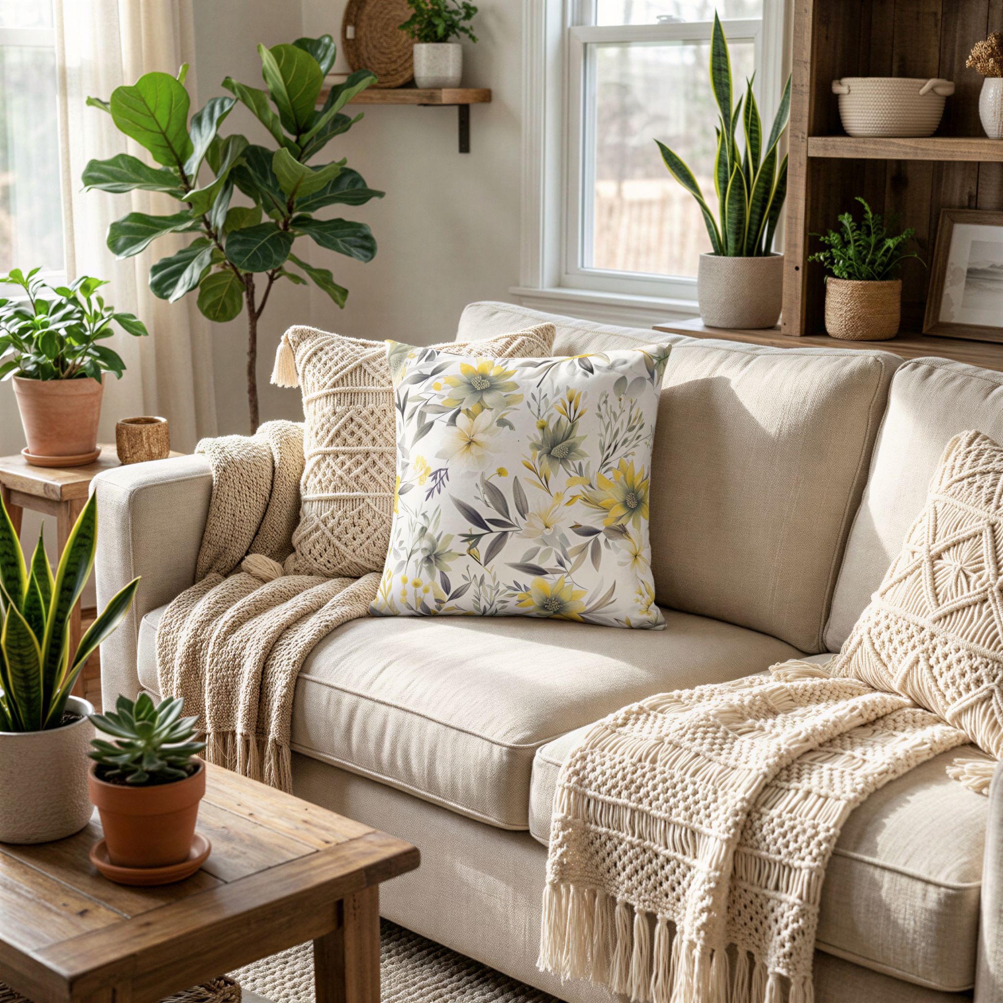A cozy living room with a beige sofa adorned with a floral throw pillow, a wooden coffee table, and several potted plants.