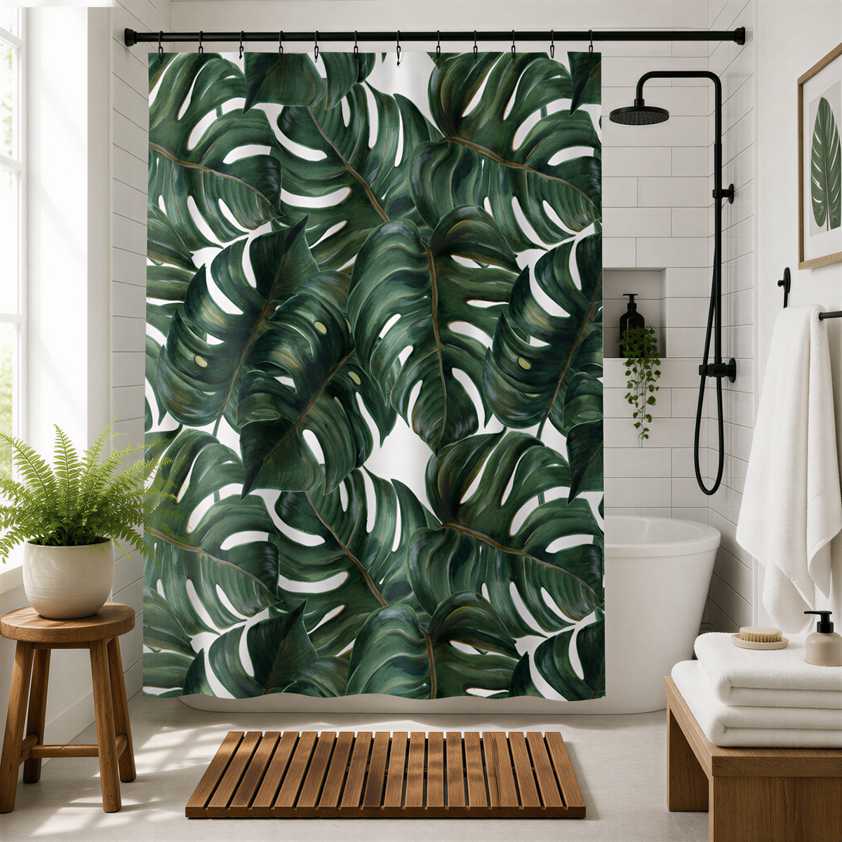 a bathroom with a shower curtain featuring a tropical leaf pattern in shades of green and white. The bathroom is well-decorated with a wooden stool, a potted plant, and a wooden mat on the floor.