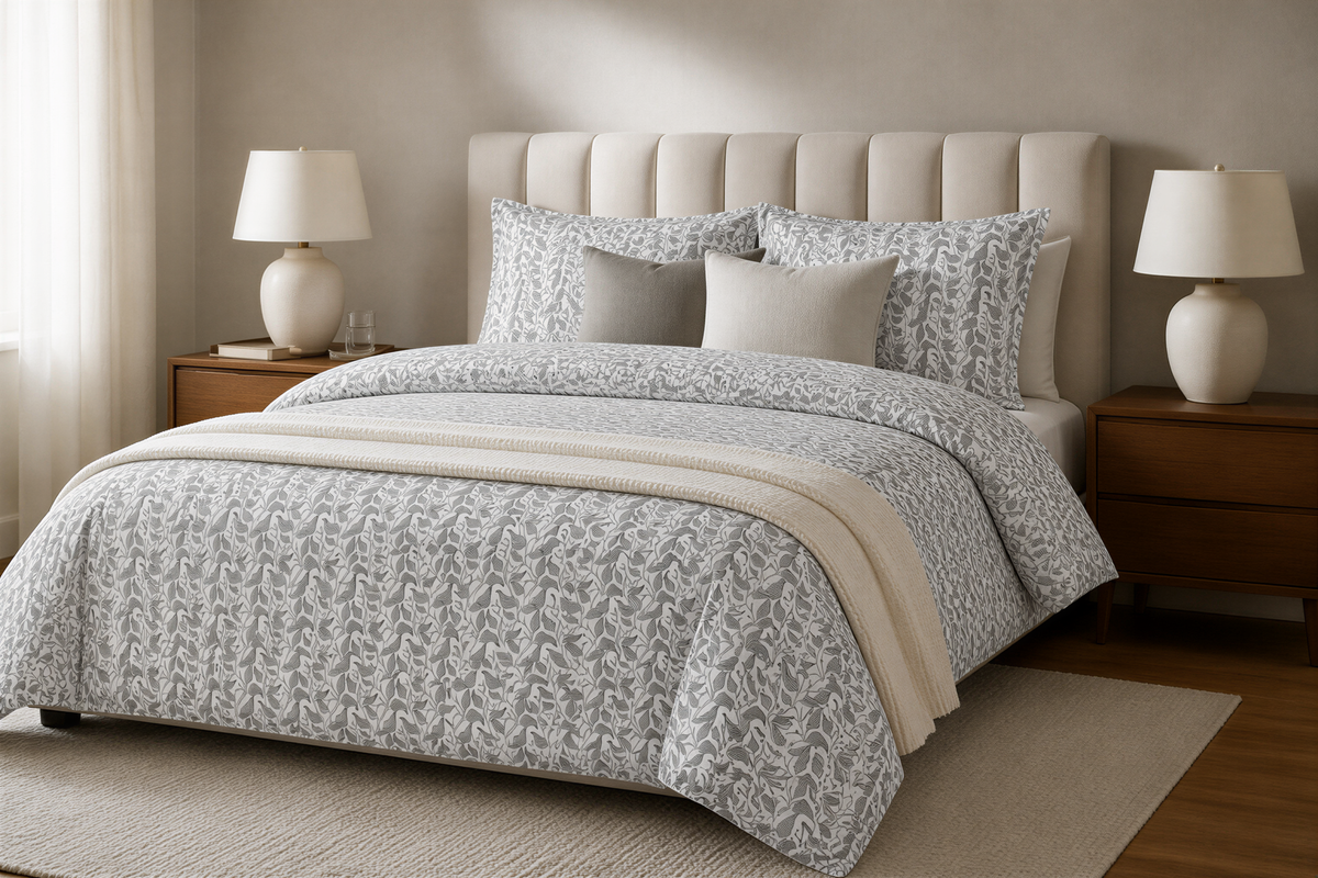 a well-furnished bedroom with a large bed, a wooden headboard, and two nightstands with lamps. The bed is covered in a gray and white patterned comforter and pillows, creating a cozy and inviting atmosphere.