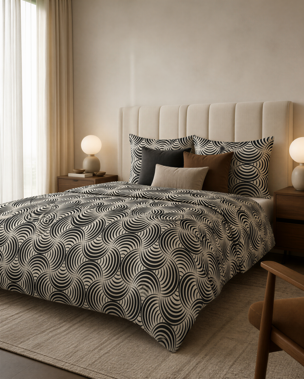 a modern bedroom with a large bed, a white headboard, and a patterned comforter. The bed is adorned with throw pillows and has a wooden nightstand on each side. The room has a neutral color scheme with beige walls and a wooden floor.