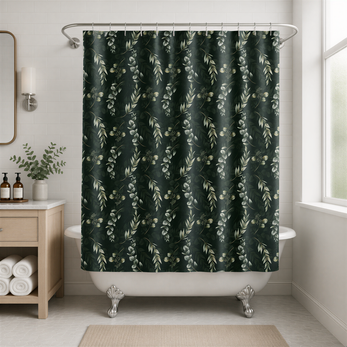 a bathroom with a green and white floral patterned shower curtain hanging above a white bathtub. The bathroom has a wooden vanity and a window, creating a cozy and inviting atmosphere.