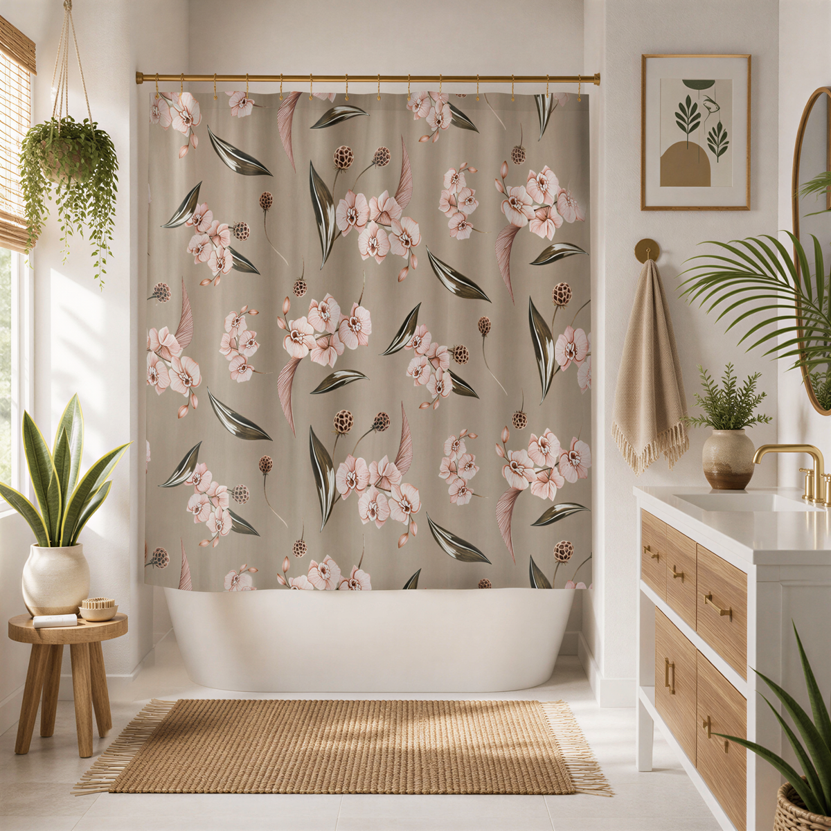 a well-decorated bathroom with a floral patterned shower curtain, a white bathtub, and various plants and accessories.